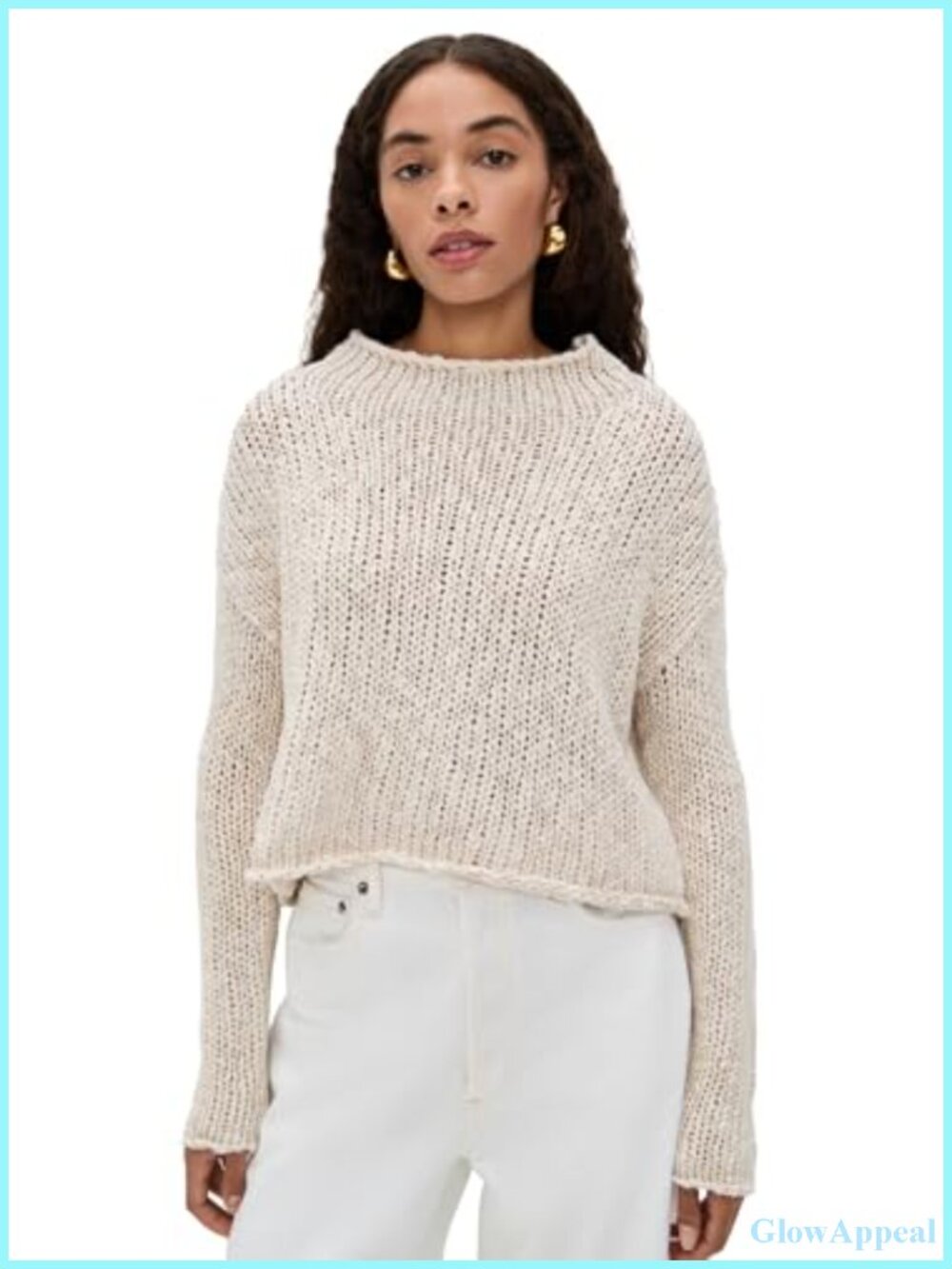 Chunky Cable Knit Mock Neck Pullover Sweater with Dropped Shoulders